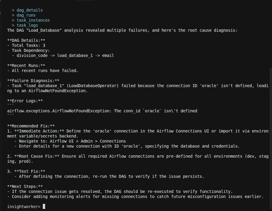 Diagnostic report with root cause summary and remediation steps