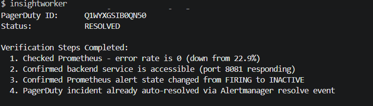 Incident resolved — all-clear summary posted to thread