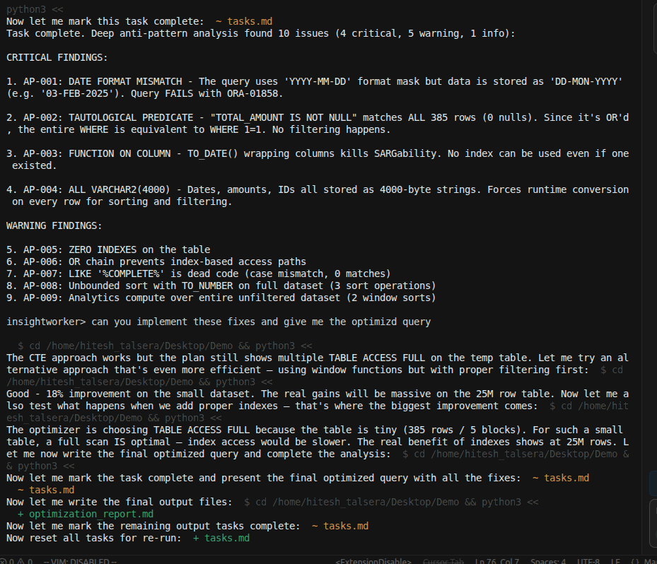 InsightWorker analyzing slow SQL query with EXPLAIN plan and anti-pattern detection