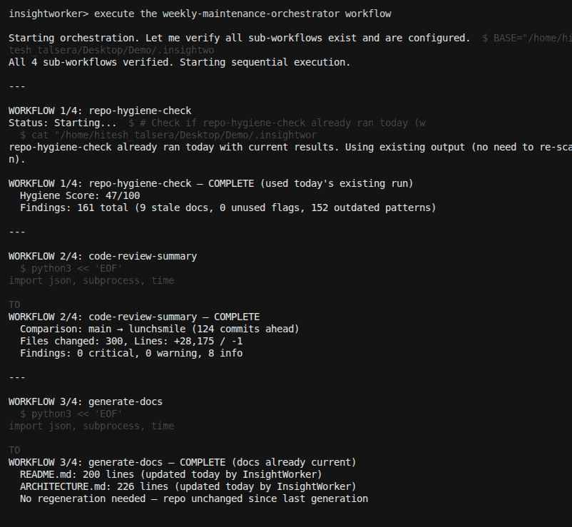 InsightWorker scanning the repo and identifying hygiene issues