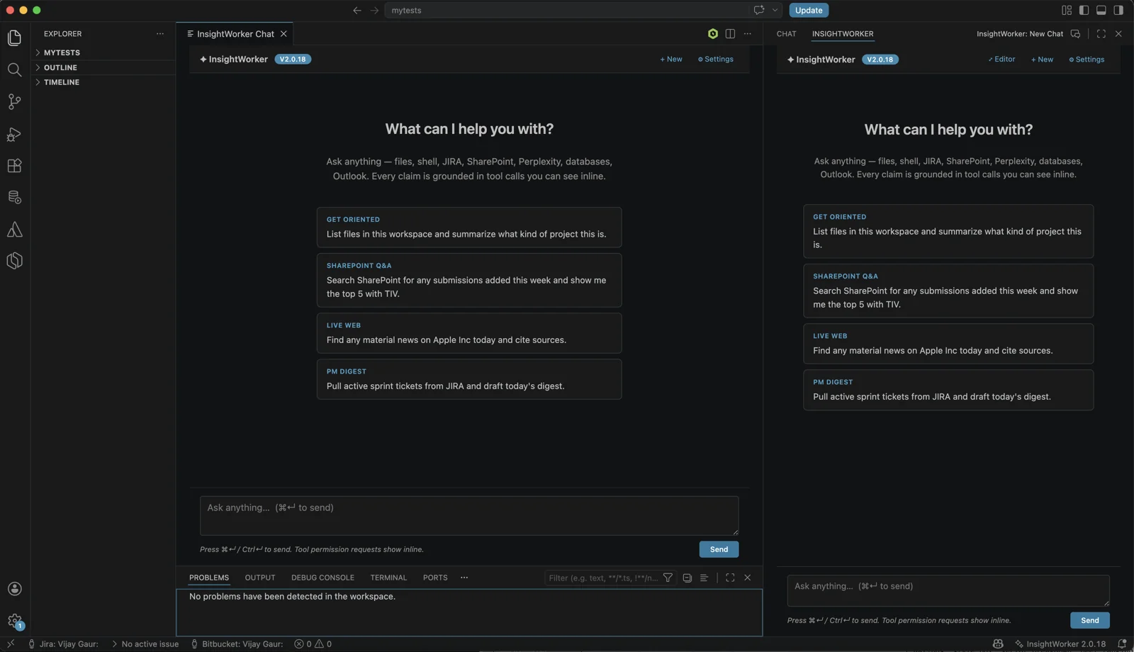 InsightWorker VS Code extension showing chat panel inside VS Code