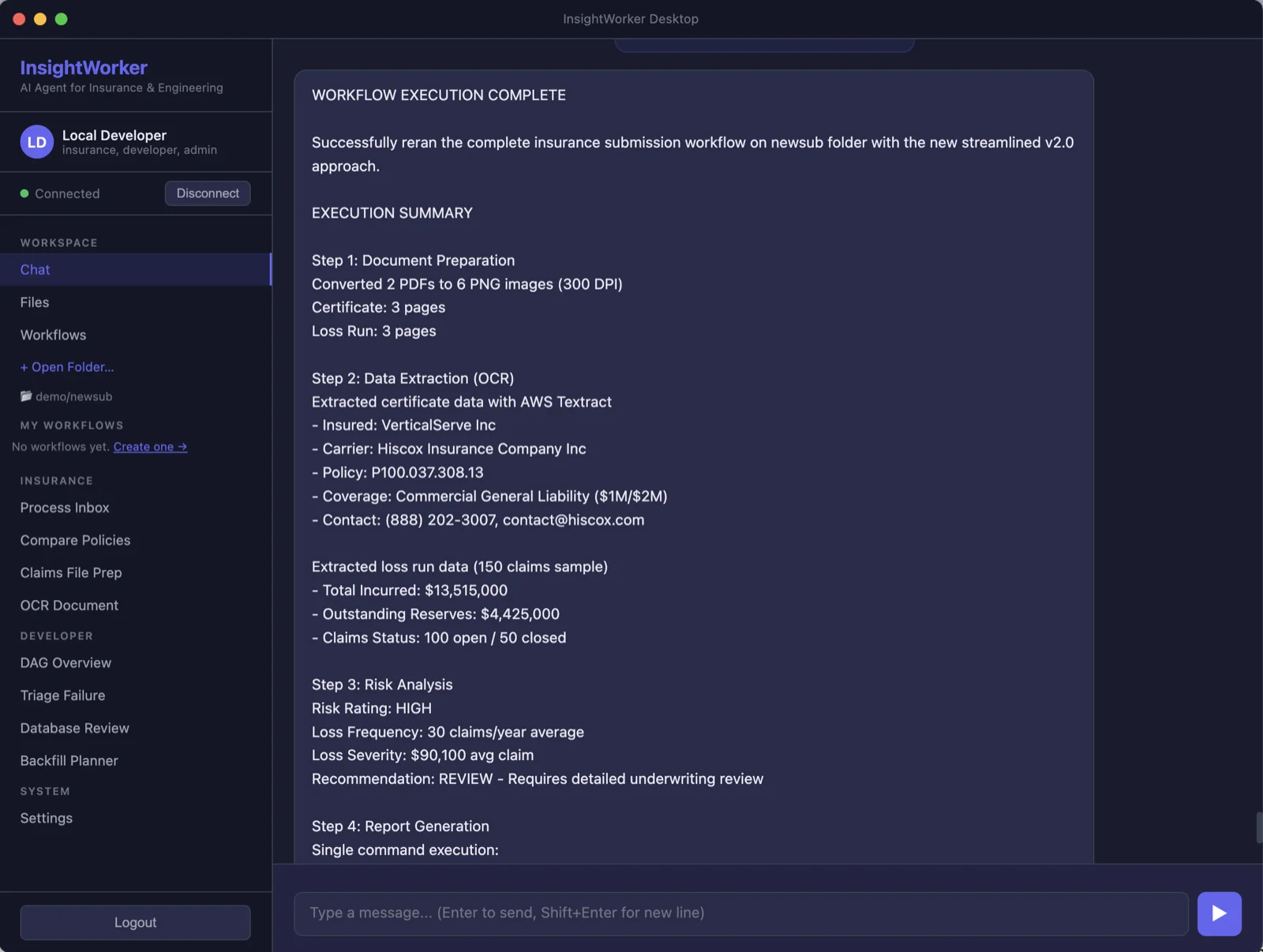 InsightWorker Desktop app showing a completed insurance submission app